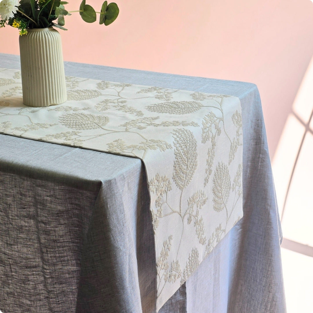 Beige Leaf Embroidered  Table Runner